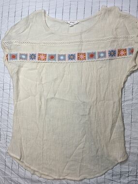 MINE Cream Textured Boho Blouse Granny Square Embroidery Lace Trim Small